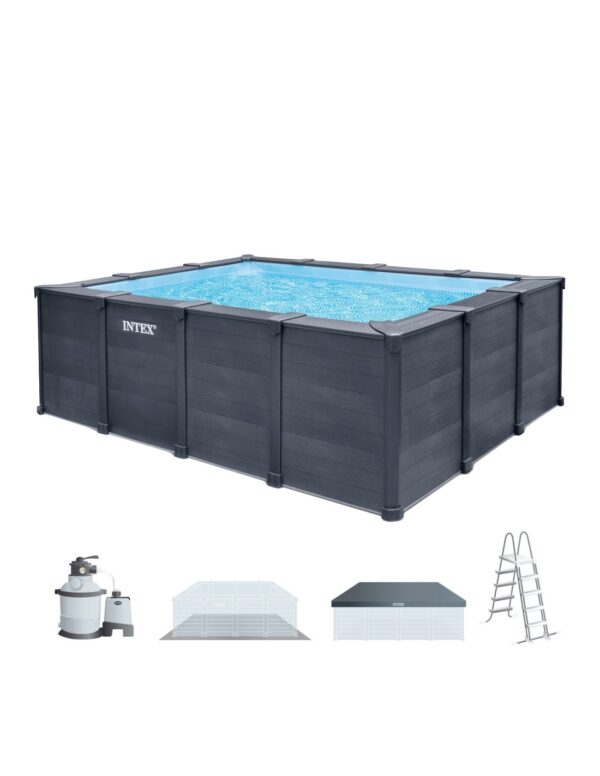 Piscina removível retangular Graphite Gray Panel 10.091 litros com estação de tratamento - Intex